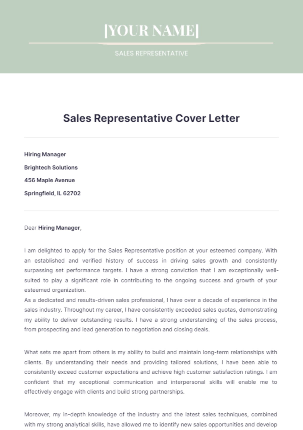 Sales Representative Cover Letter - Edit Online & Download