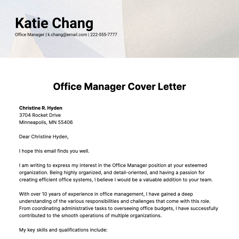 Office Manager Cover Letter  Template