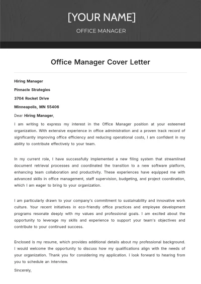Free Office Manager Cover Letter to Edit Online