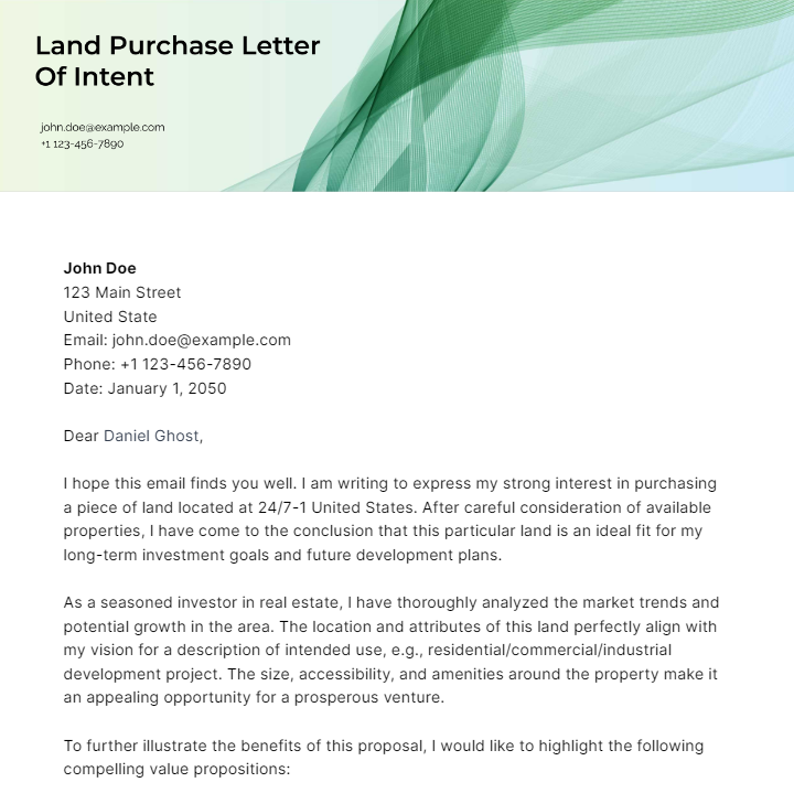 Land Purchase Letter Of Intent Template