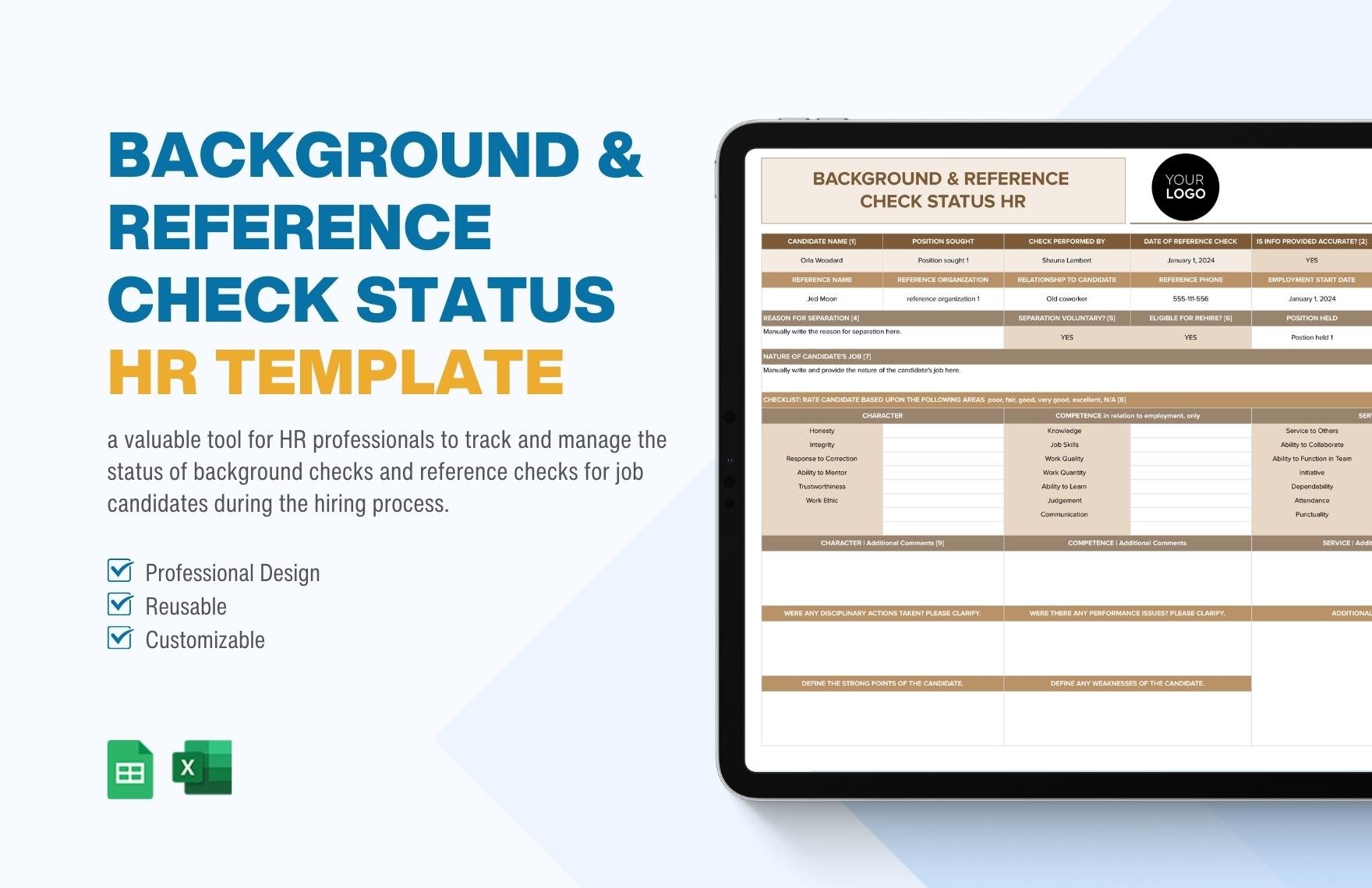Background & Reference Check Status HR Template in Excel, Google Sheets