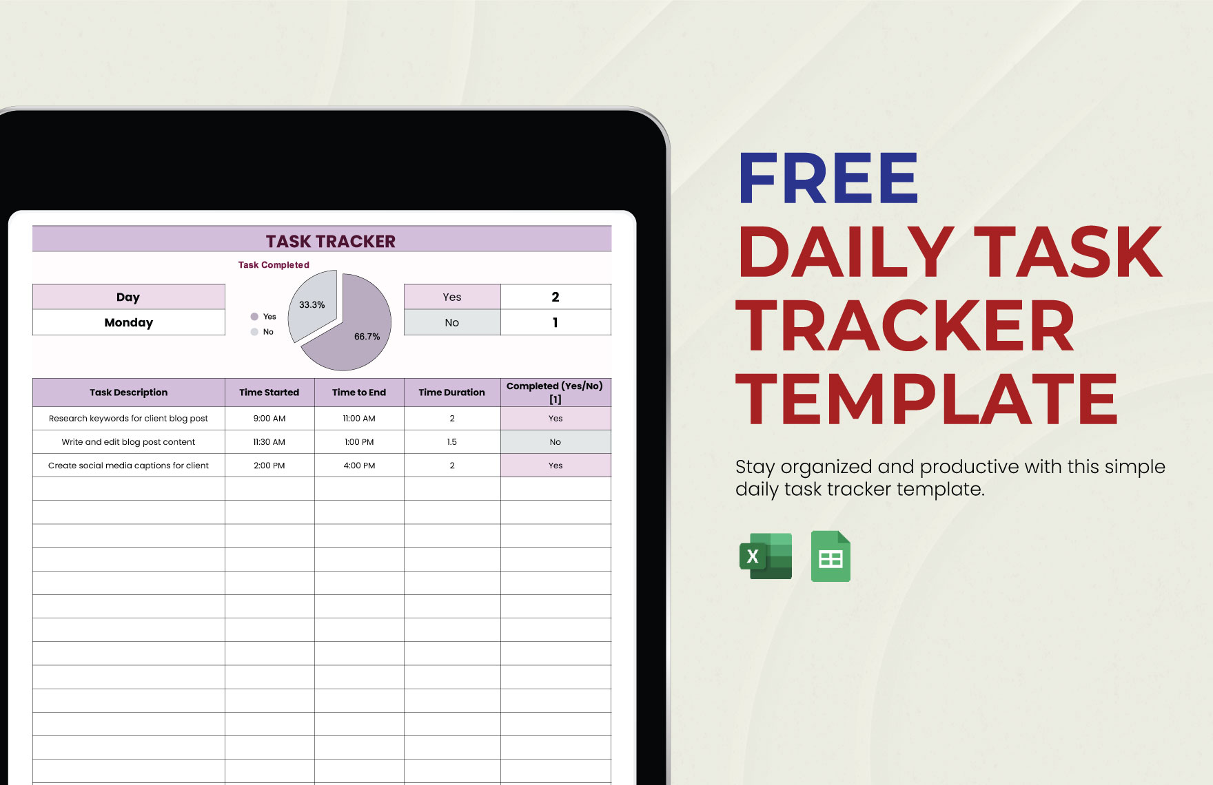 Daily Task Tracker Template in MS Excel Google Sheets Download