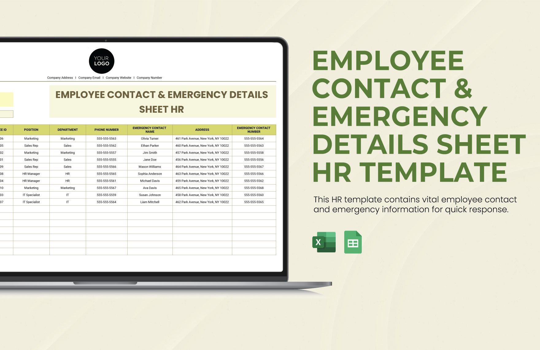 Employee Contact & Emergency Details Sheet HR Template in Google Docs, Excel