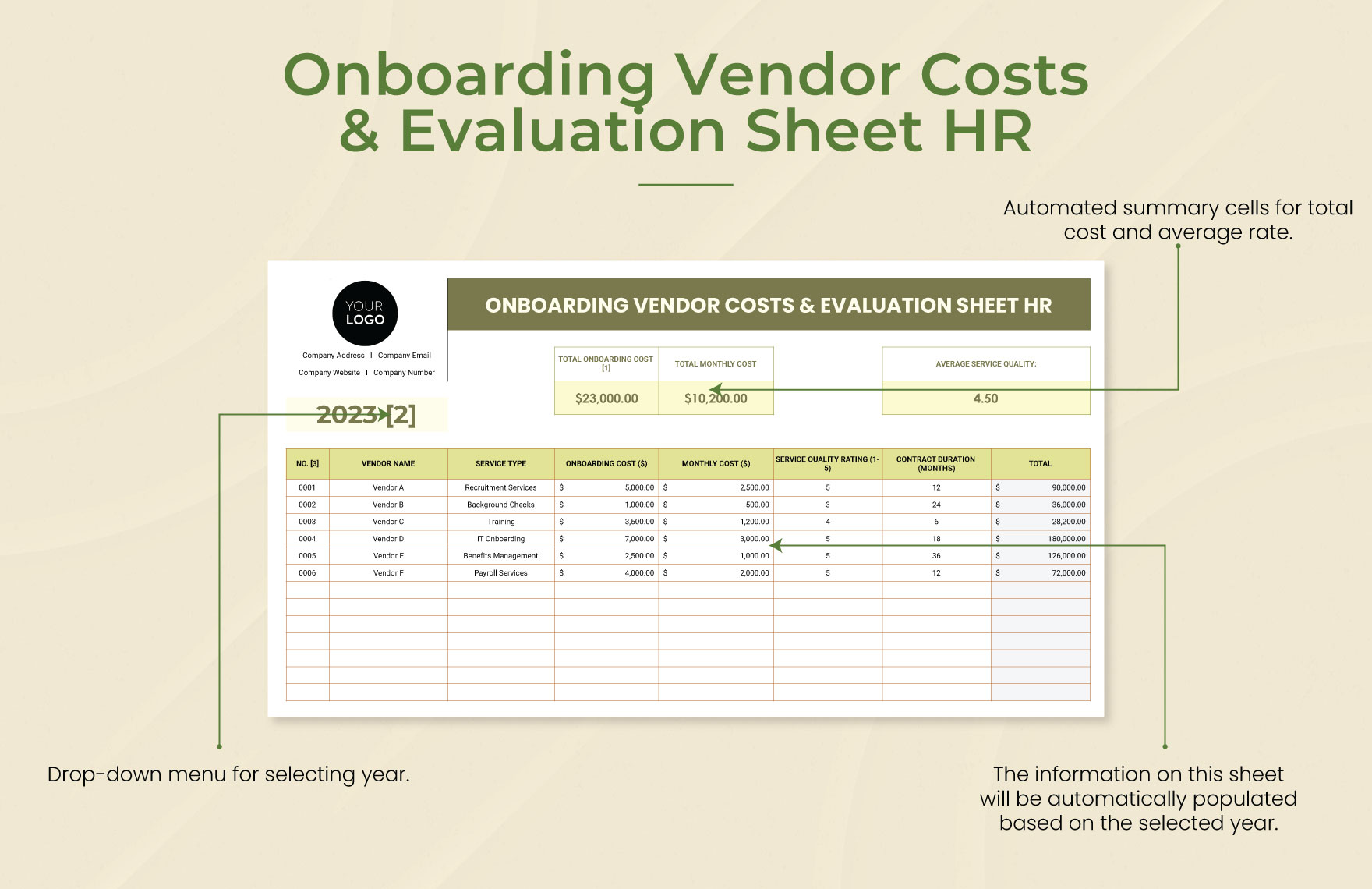 Onboarding Vendor Costs & Evaluation Sheet HR Template