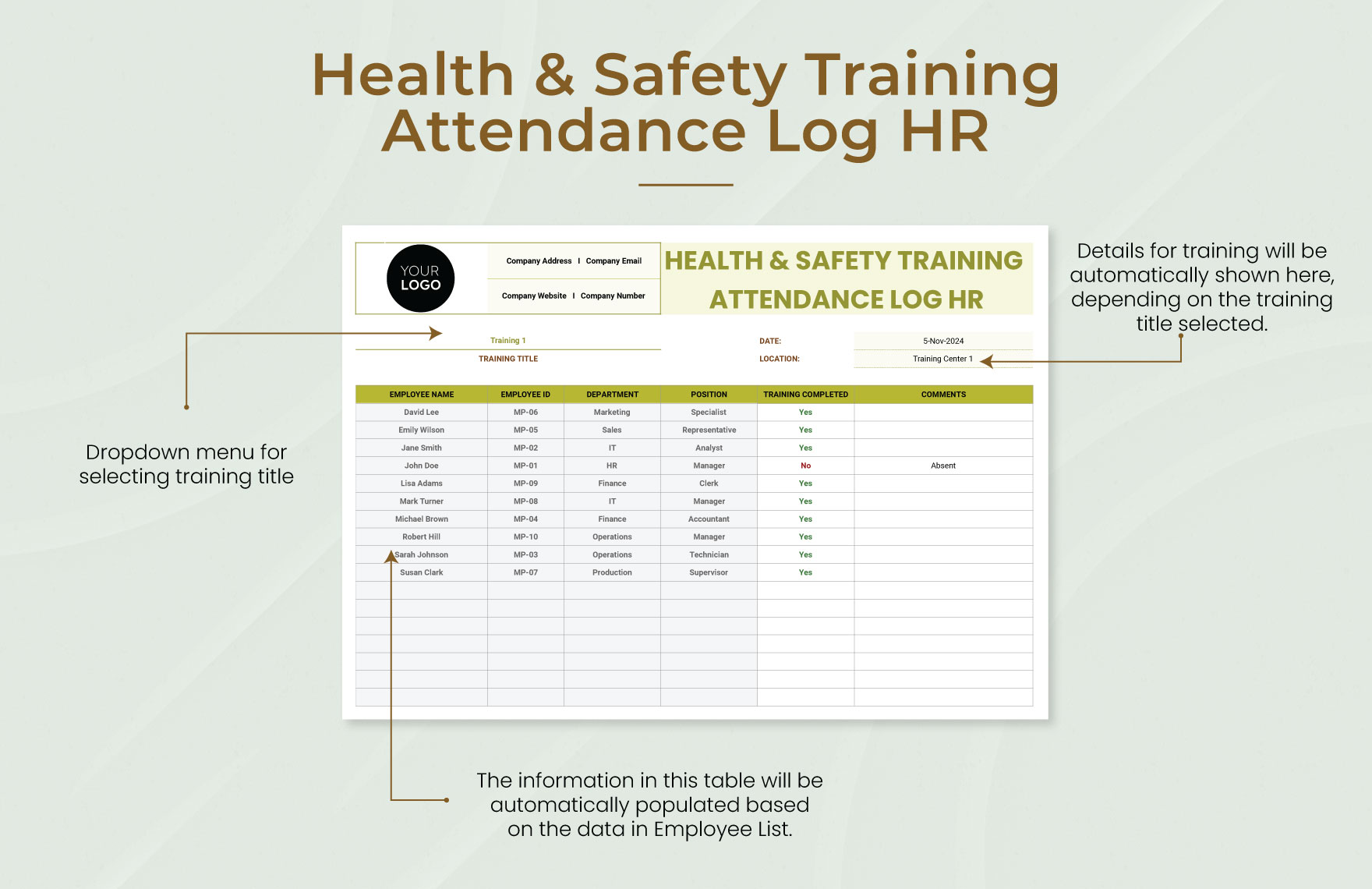 Health & Safety Training Attendance Log HR Template