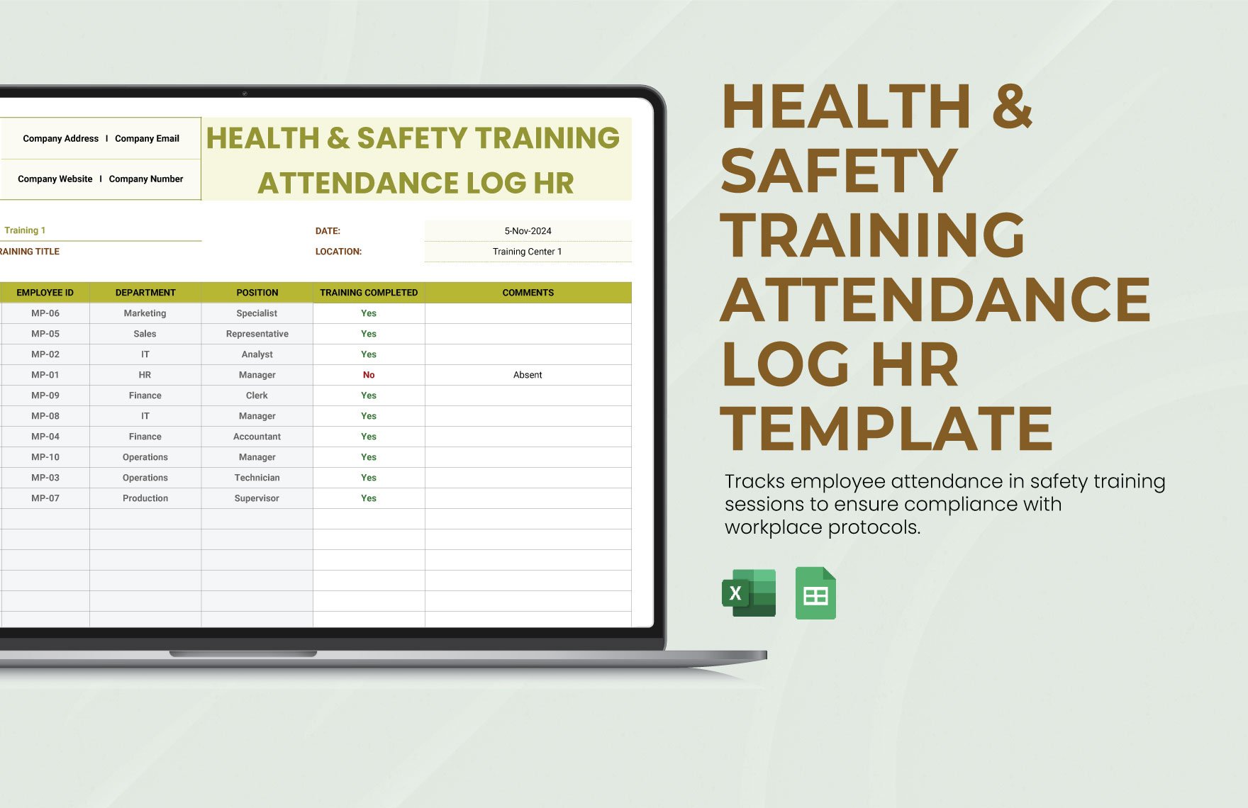 Health & Safety Training Attendance Log HR Template in Excel, Google Sheets
