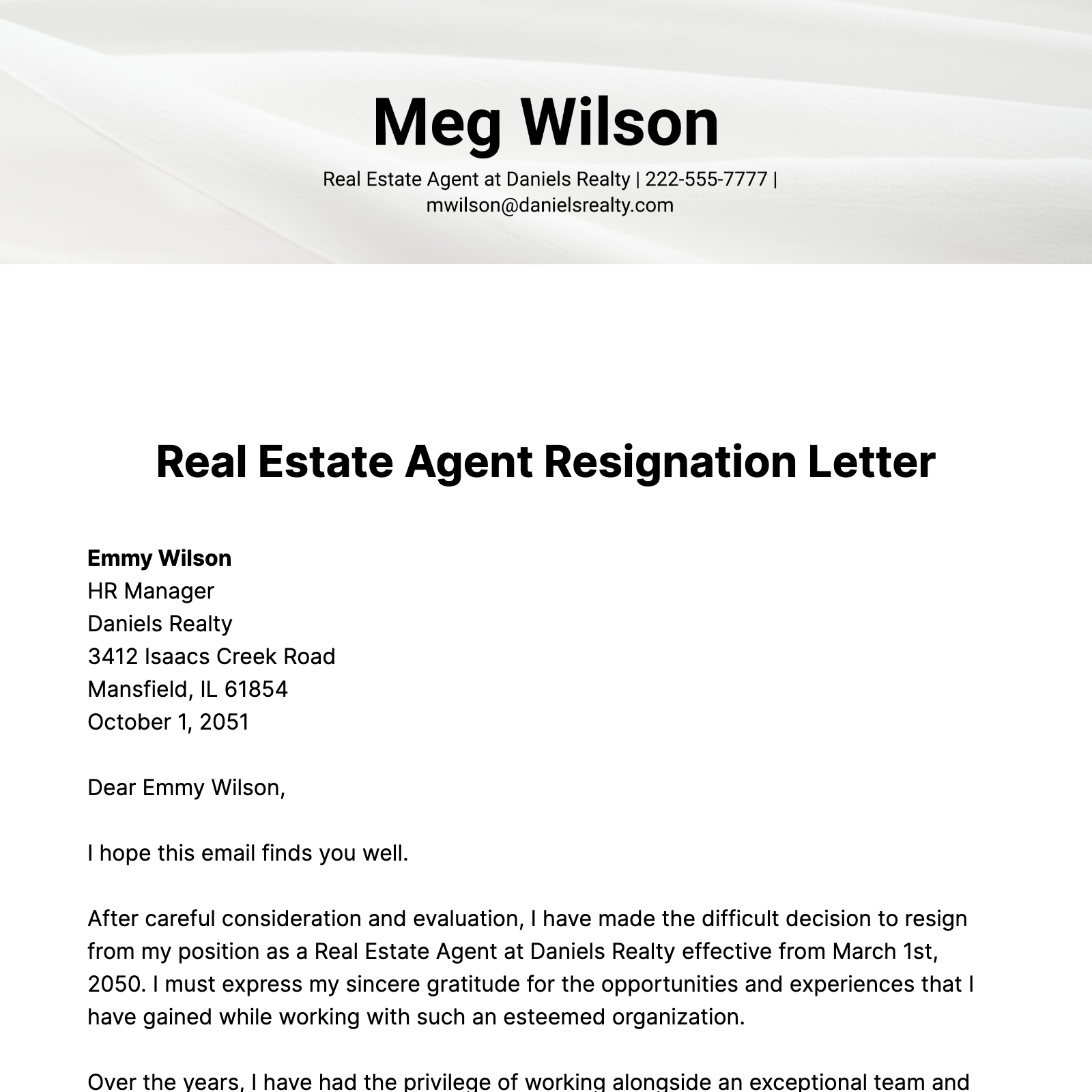 Real Estate Agent Resignation Letter  Template