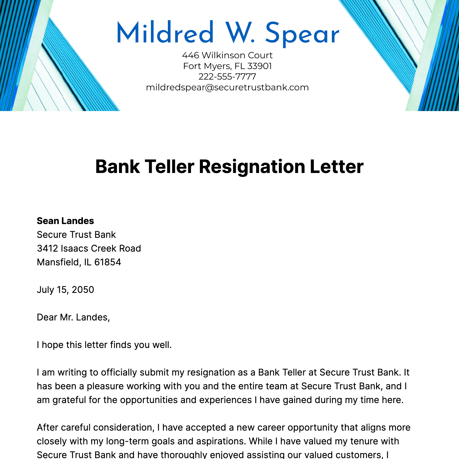 Bank Teller Resignation Letter  Template