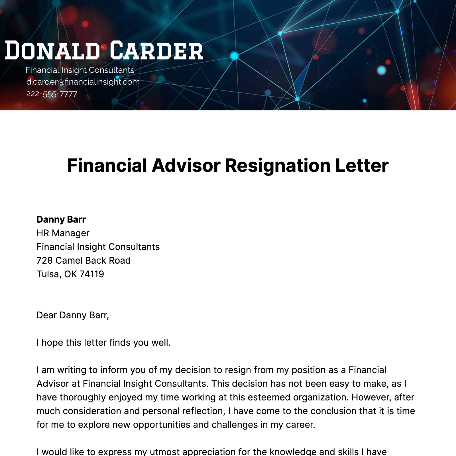 Financial Advisor Resignation Letter  Template