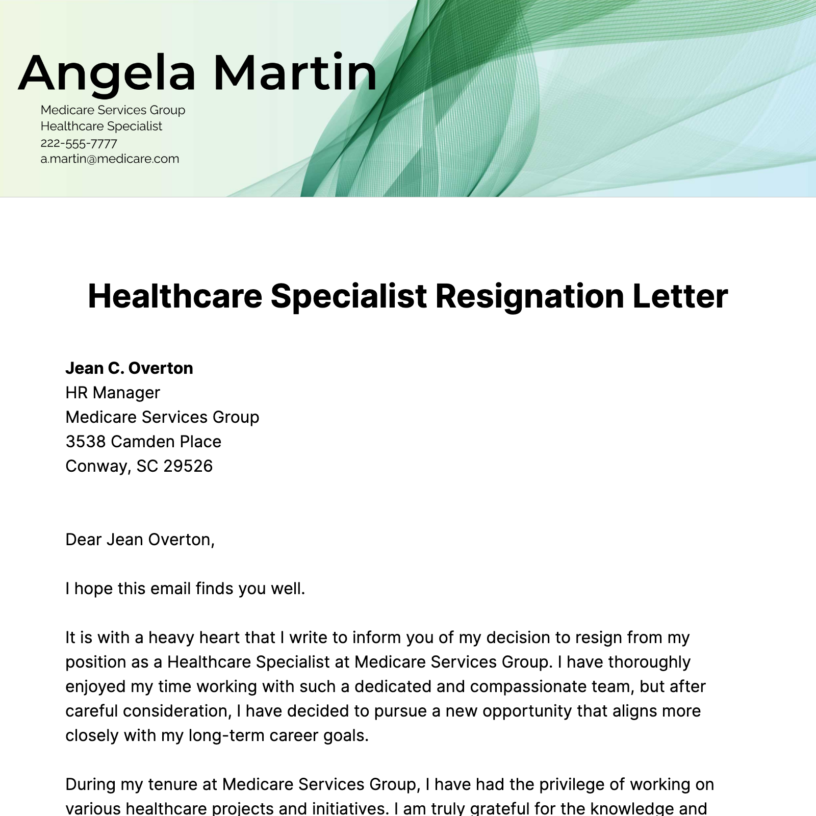 Healthcare Specialist Resignation Letter  Template