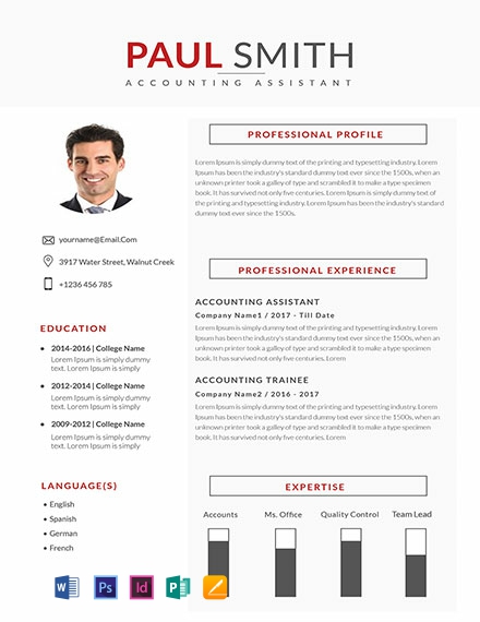 Assistant Accountant Resume Template - InDesign, Word, Apple Pages, PSD, Publisher