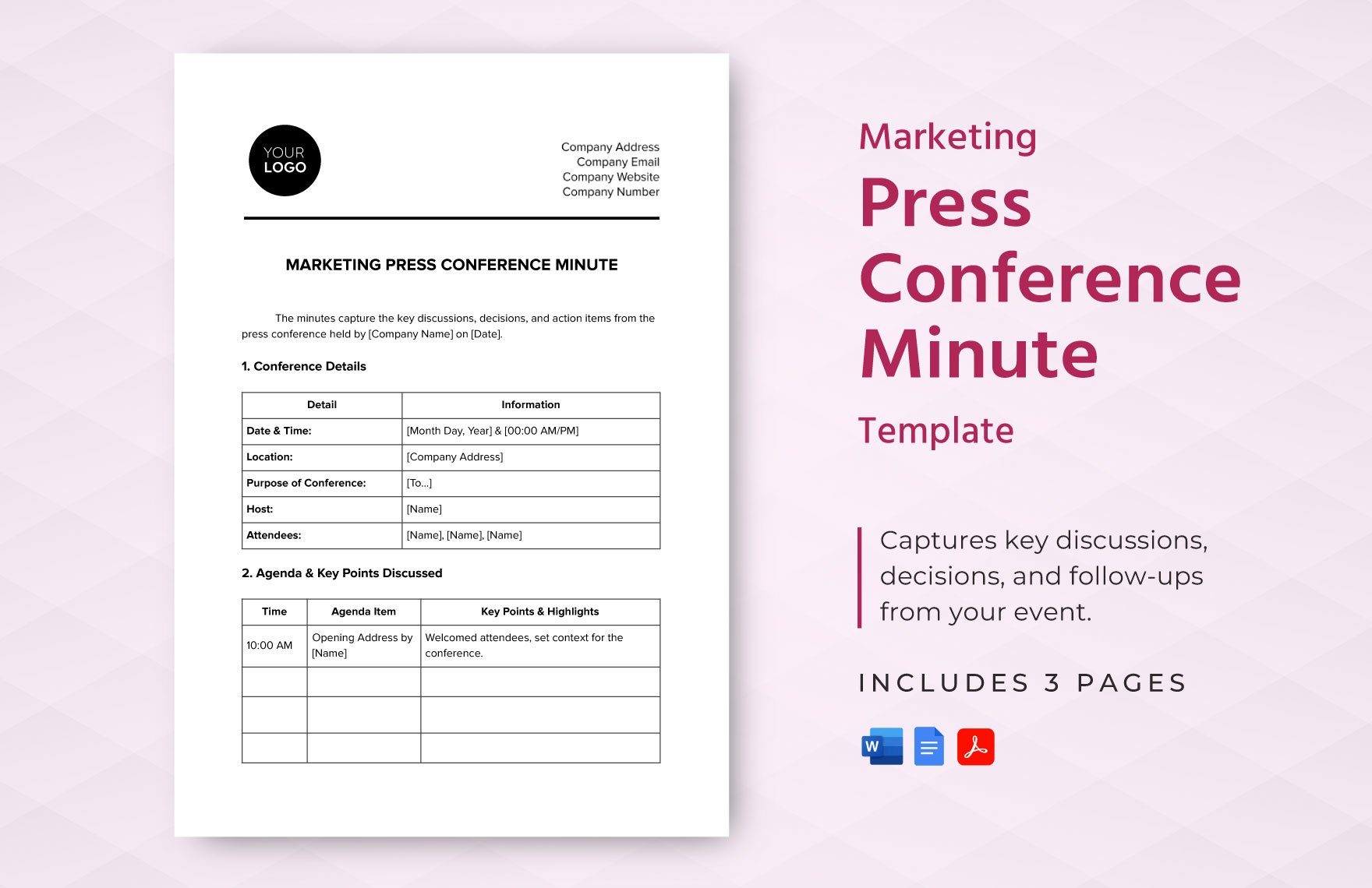 Marketing Press Conference Minute Template in Word, Google Docs, PDF