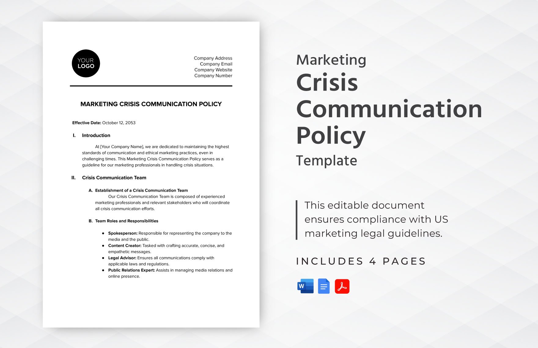 Marketing Crisis Communication Policy Template in Word, Google Docs, PDF