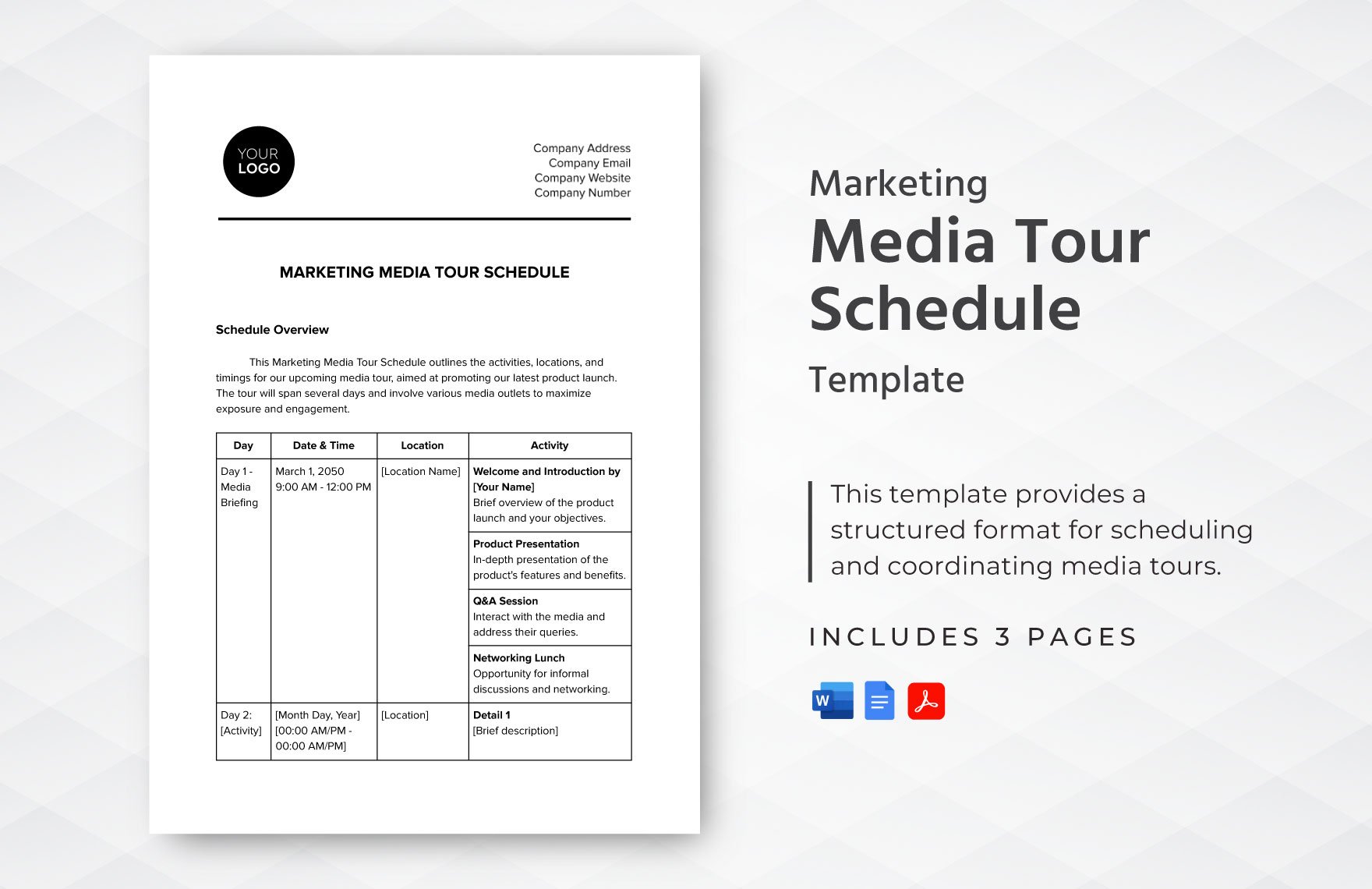Marketing Media Tour Schedule Template in Word, Google Docs, PDF