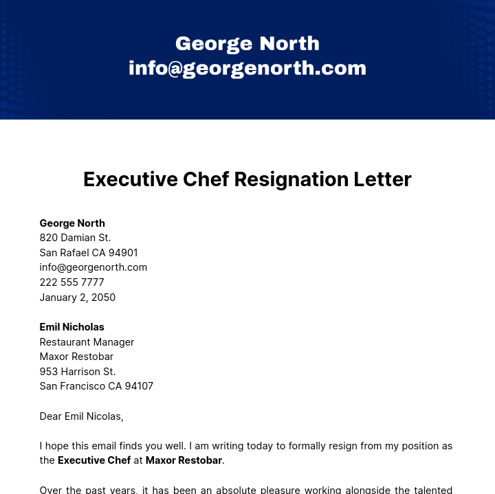 Free Executive Chef Resignation Letter  Template