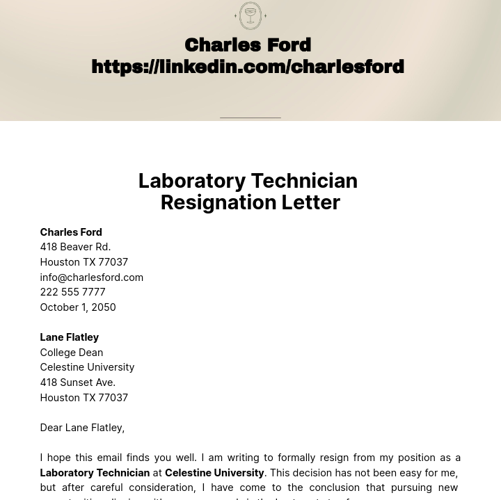 Laboratory Technician Resignation Letter  Template