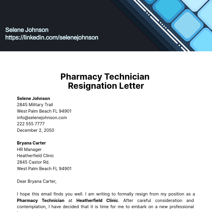 Pharmacy Technician Resignation Letter  Template