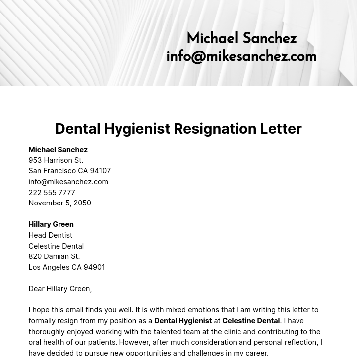 Free Dental Hygienist Resignation Letter  Template