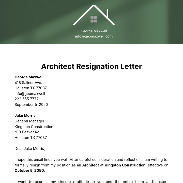 Architect Resignation Letter  Template