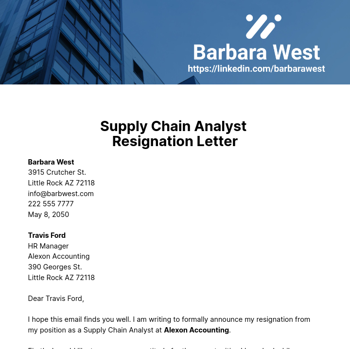 Supply Chain Analyst Resignation Letter  Template