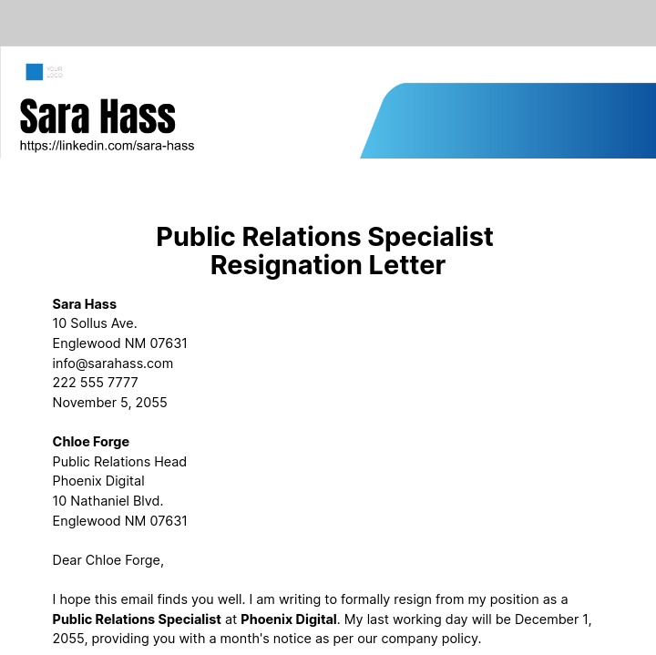 Public Relations Specialist Resignation Letter  Template