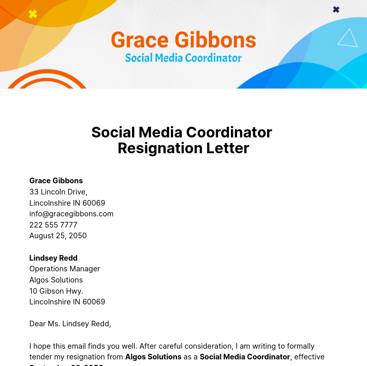 Social Media Coordinator Resignation Letter  Template