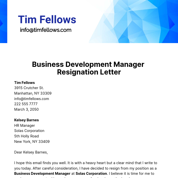 Business Development Manager Resignation Letter  Template