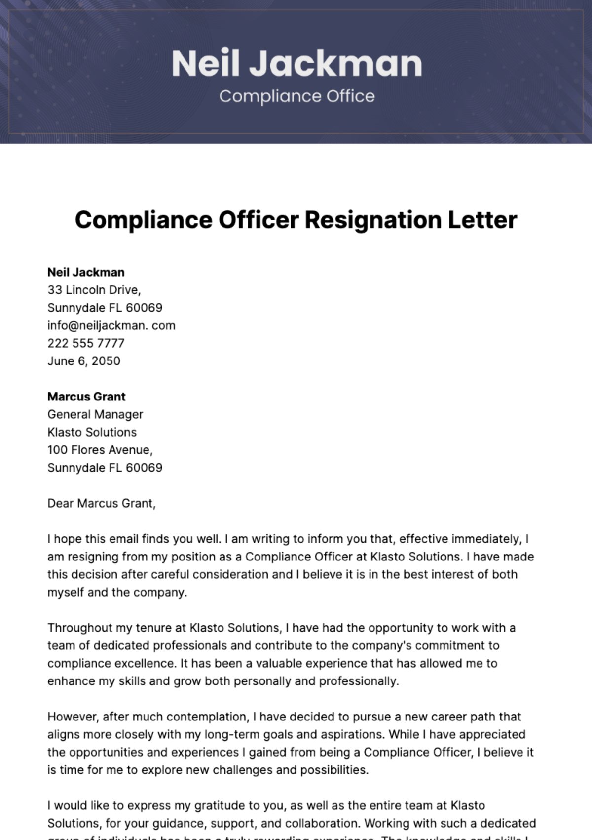 Compliance Officer Resignation Letter  Template