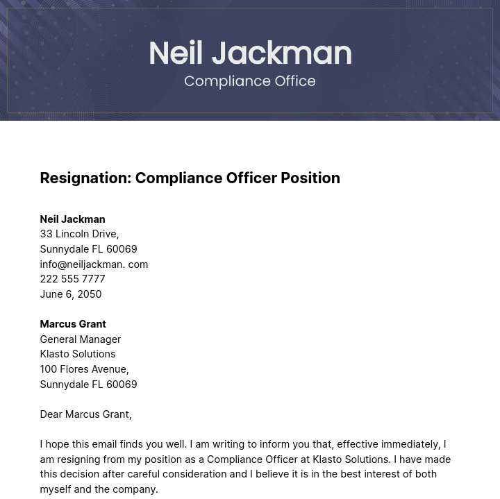 Compliance Officer Resignation Letter  Template - Edit Online & Download