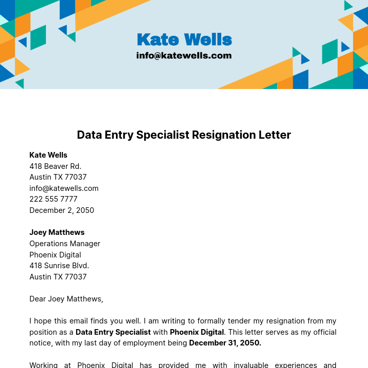 Data Entry Specialist Resignation Letter  Template