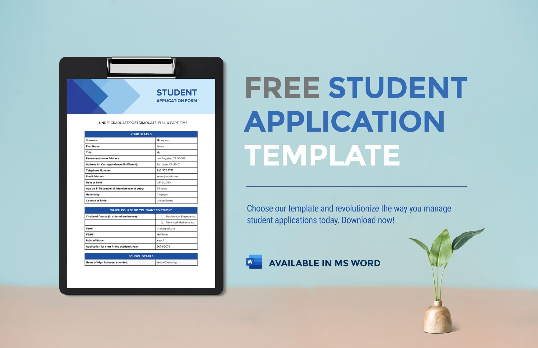 Free Student Application Template in Word
