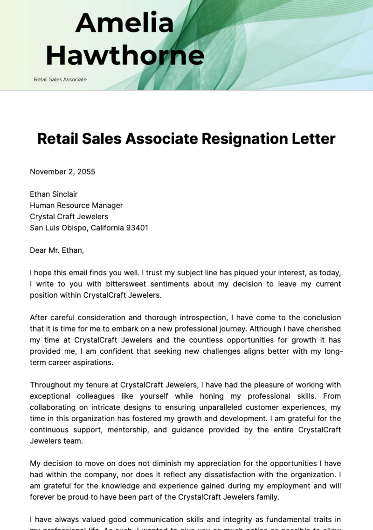 Retail Sales Associate Resignation Letter  Template - Edit Online & Download