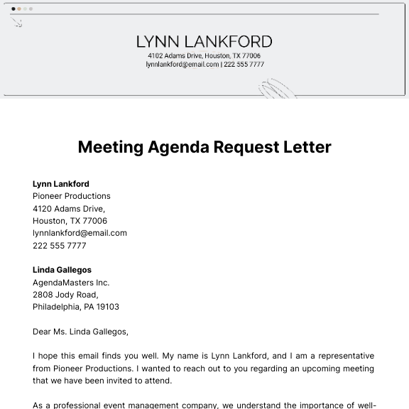 Meeting Agenda Request Letter  Template