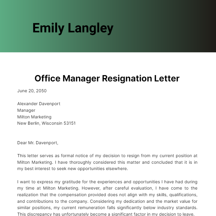 Office Manager Resignation Letter  Template