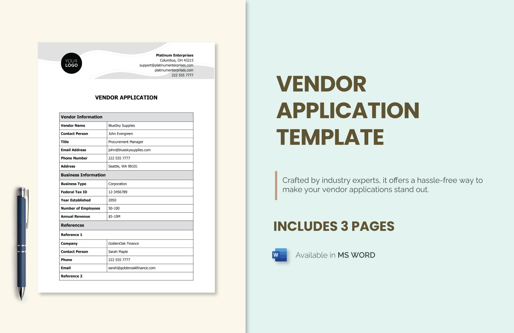 Free Vendor Application Template in Word