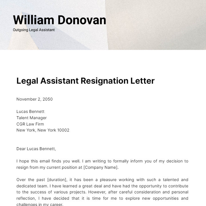 Legal Assistant Resignation Letter  Template