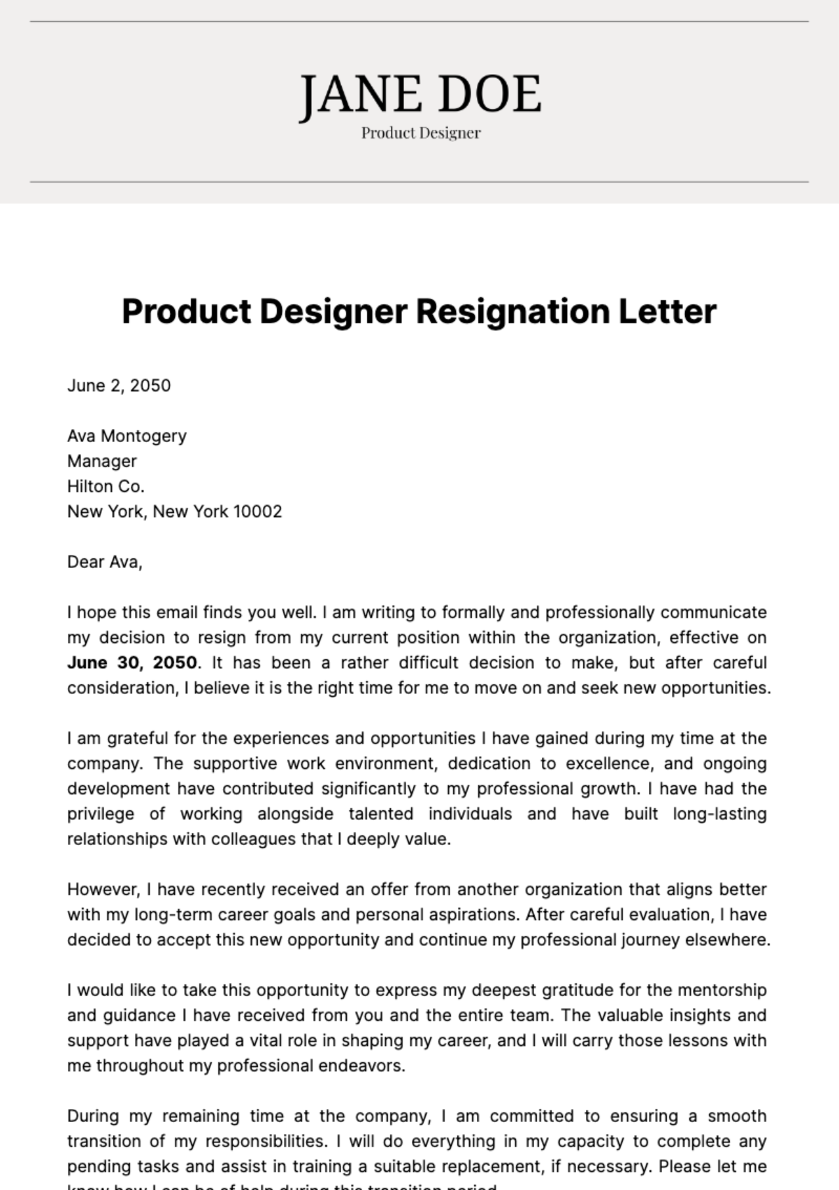 Product Designer Resignation Letter  Template - Edit Online & Download