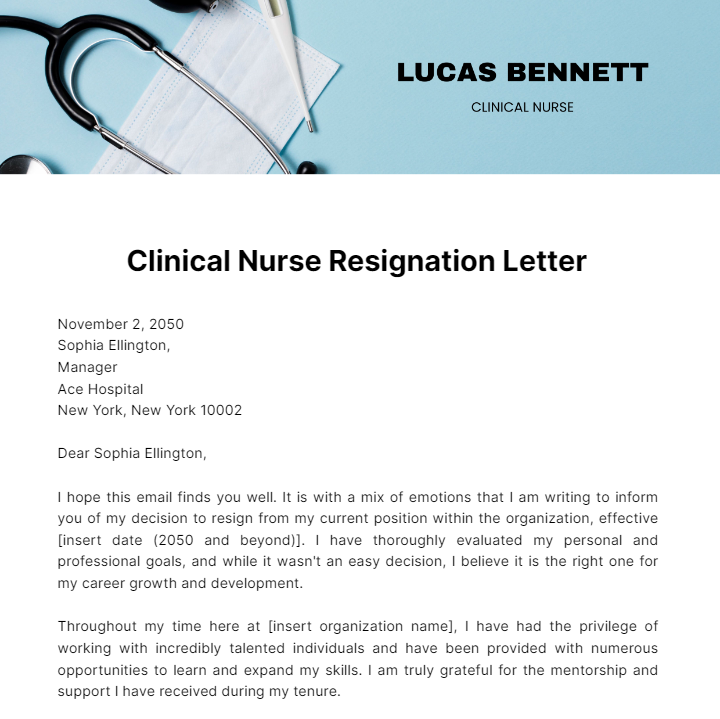 Clinical Nurse Resignation Letter  Template