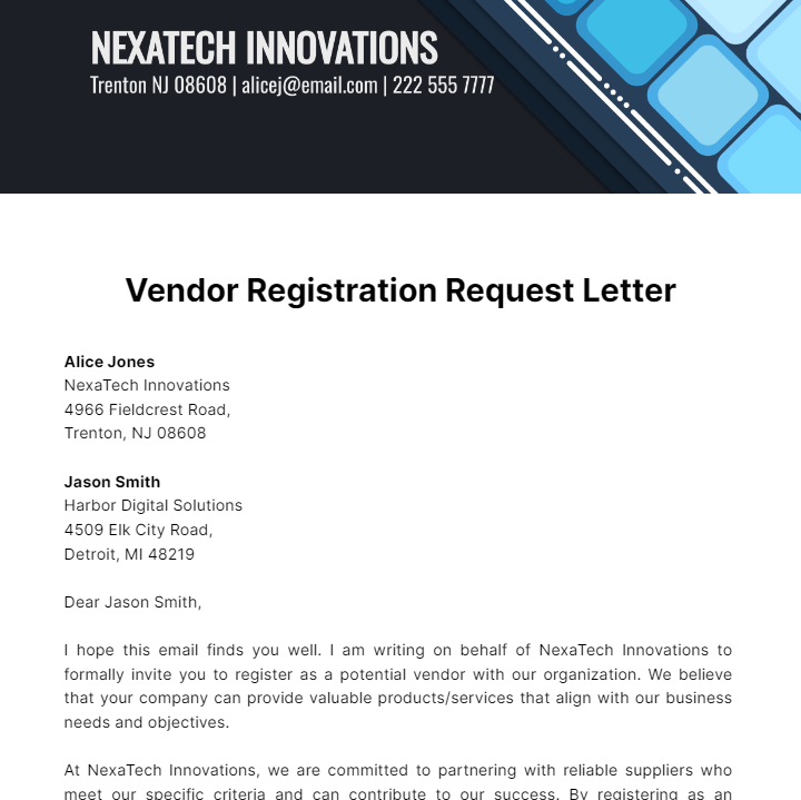Vendor Registration Request Letter  Template