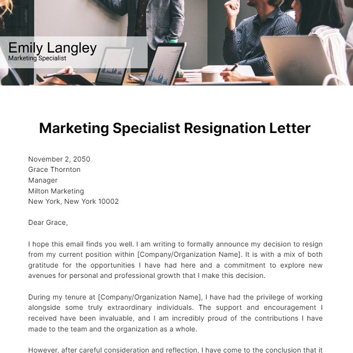 Marketing Specialist Resignation Letter  Template