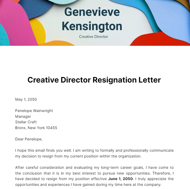 Creative Director Resignation Letter  Template