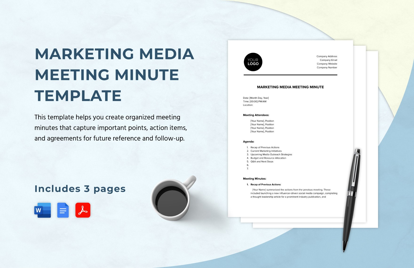 Marketing Media Meeting Minute Template in Word, Google Docs, PDF