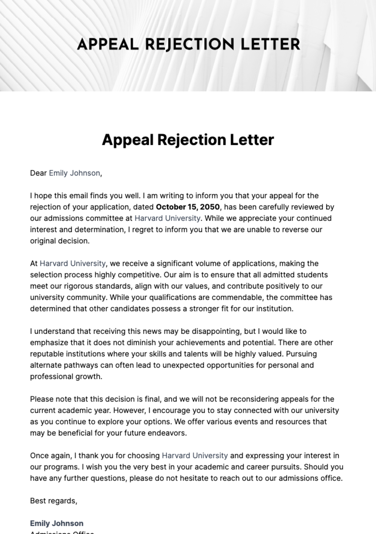 Appeal Rejection Letter Template