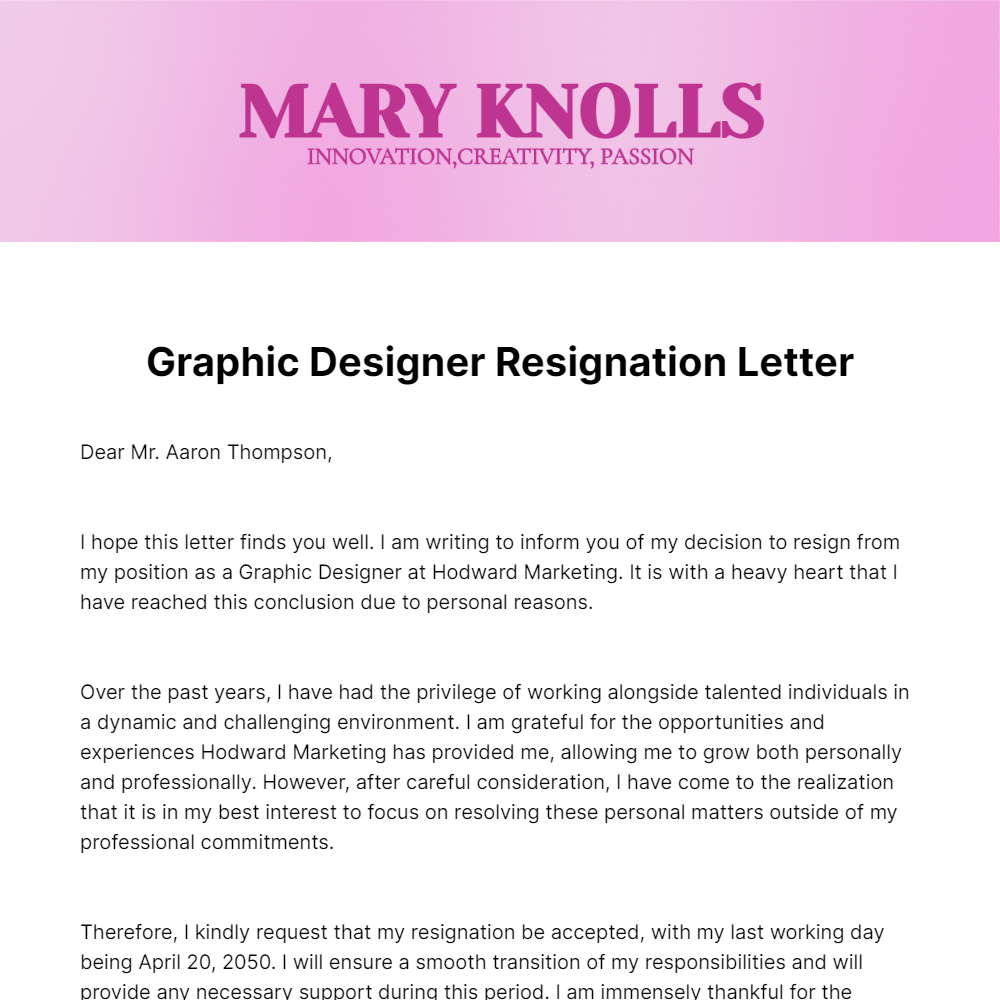 Free Graphic Designer Resignation Letter  Template