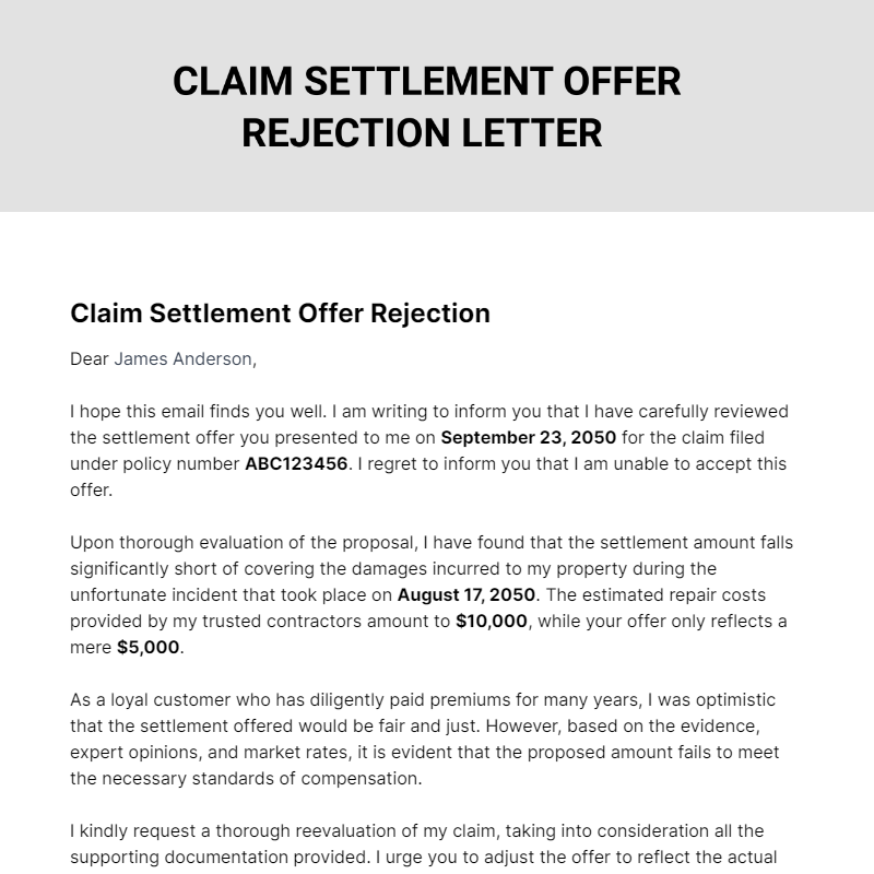 Free Claim Settlement Offer Rejection Letter