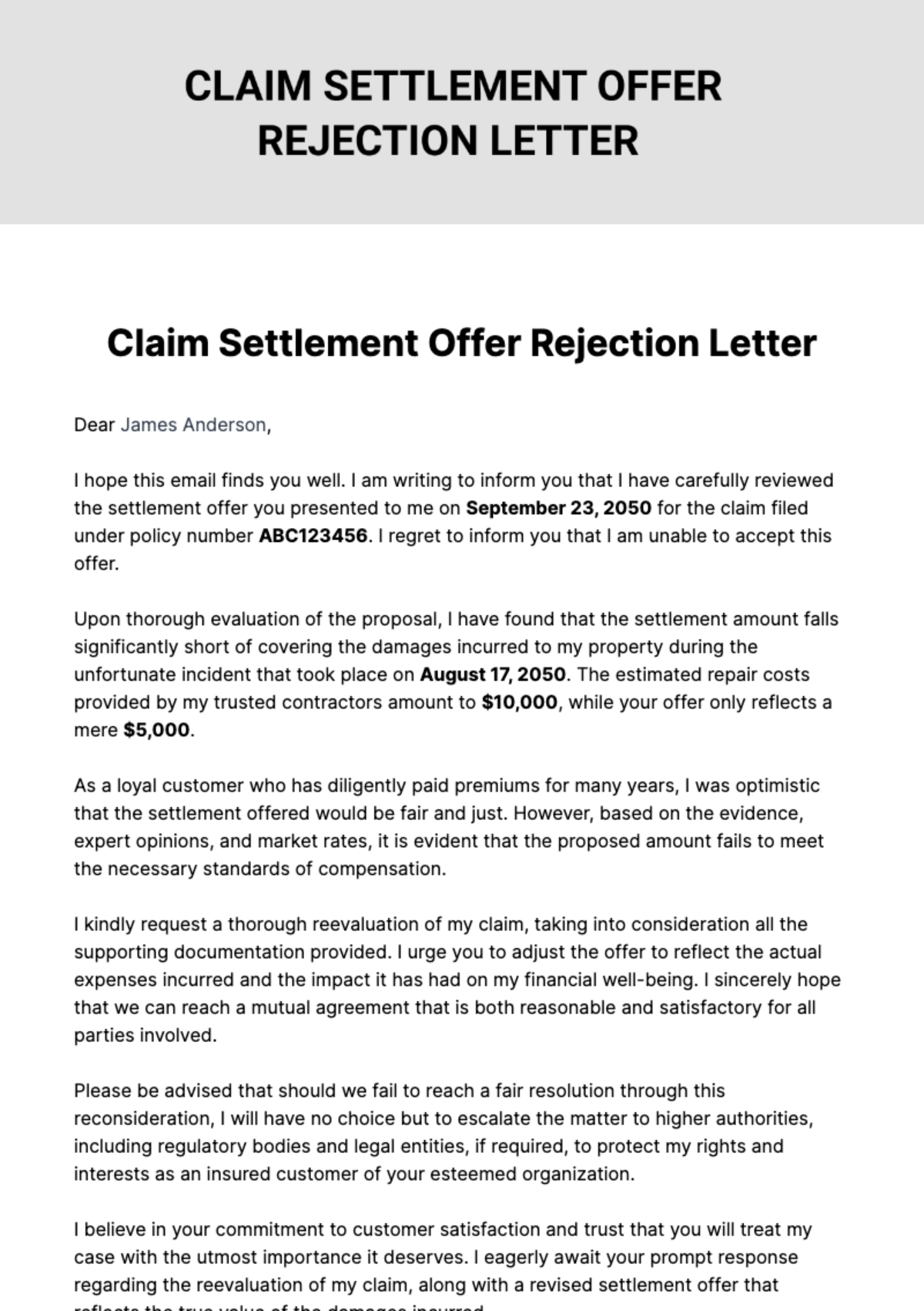 Claim Settlement Offer Rejection Letter Template