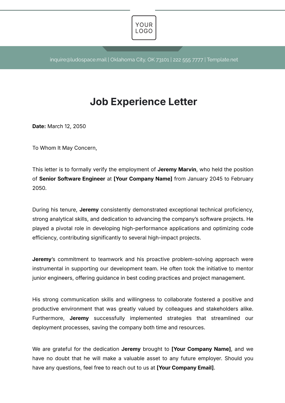 Job Experience Letter Template - Edit Online & Download