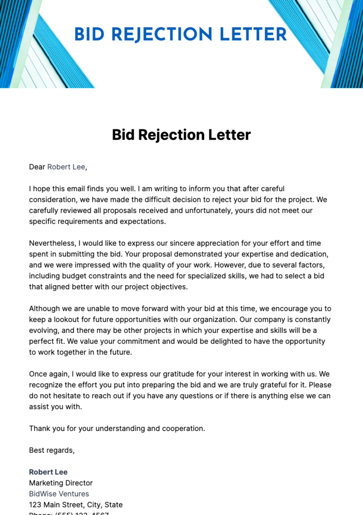 Free Bid Rejection Letter Template
