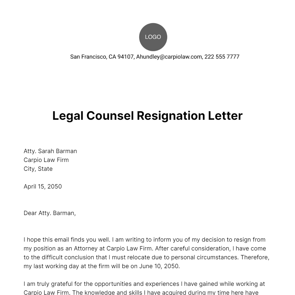 Free Legal Counsel Resignation Letter  Template