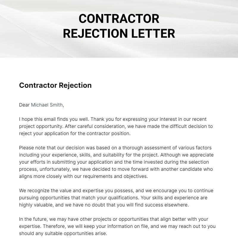 Free Contractor Rejection Letter
